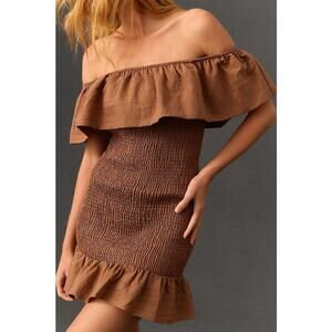 By Anthropologie Off the Shoulder Smocked Ruffle Mini Dress — Rum Raisin (Brown)